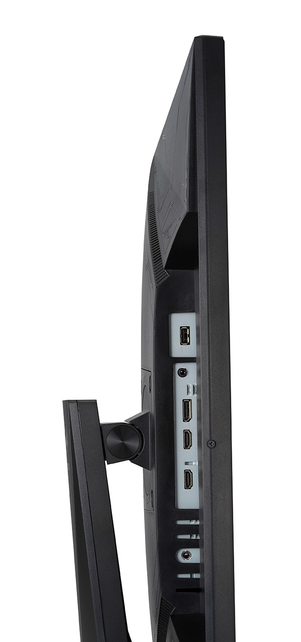 Seitenansicht eines schwarzen Computermonitors. Sichtbare Anschlüsse sind USB, HDMI und DisplayPort. Der Monitor befindet sich auf weißem Hintergrund.