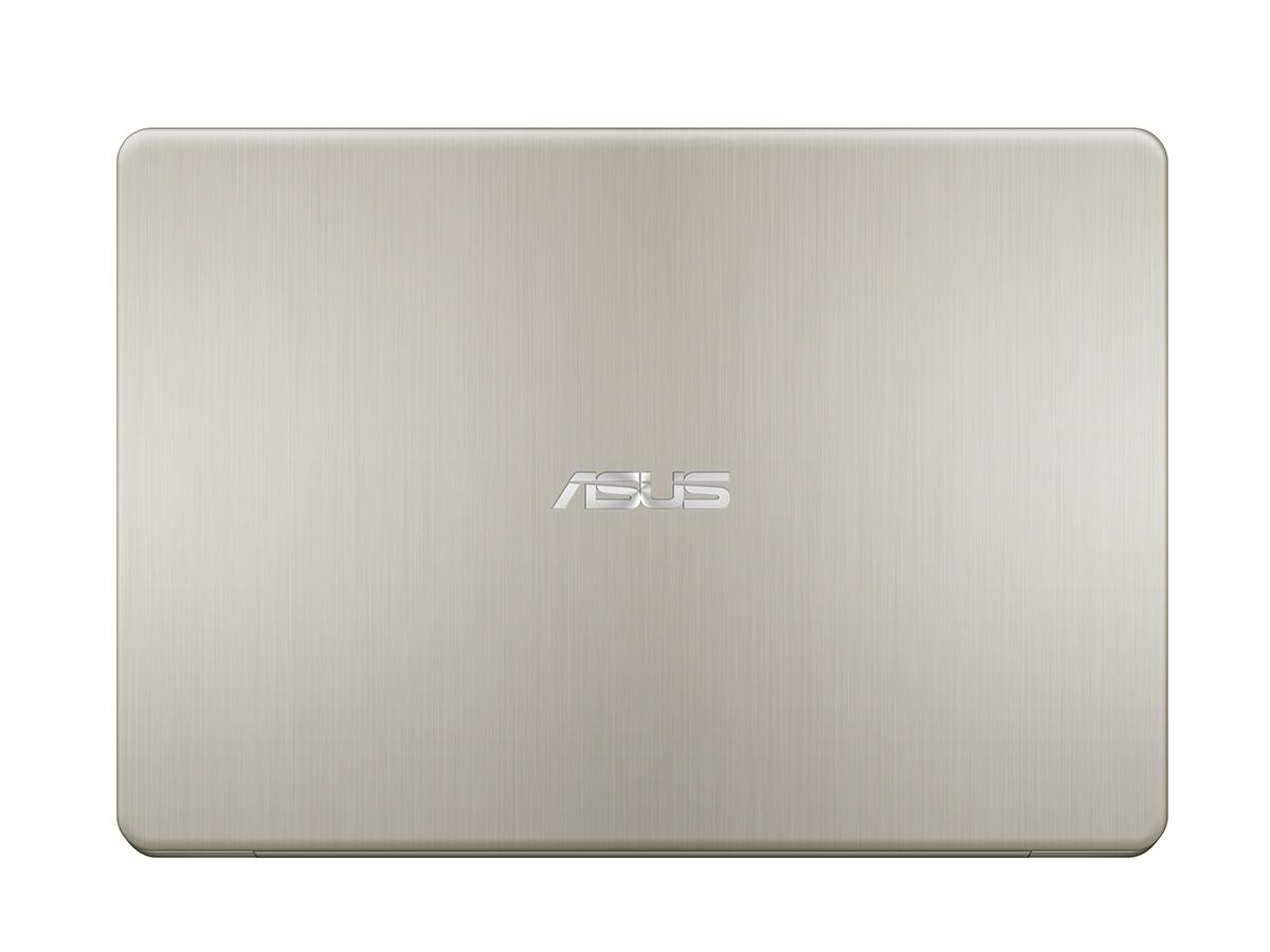 Geschlossener goldener Asus-Laptop mit gebürsteter Metalloberfläche und zentriertem silbernen Logo.