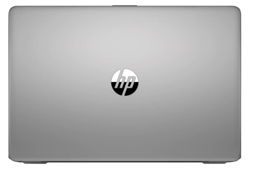 Draufsicht auf einen grauen HP Laptop mit dem HP-Logo in der Mitte des Deckels.