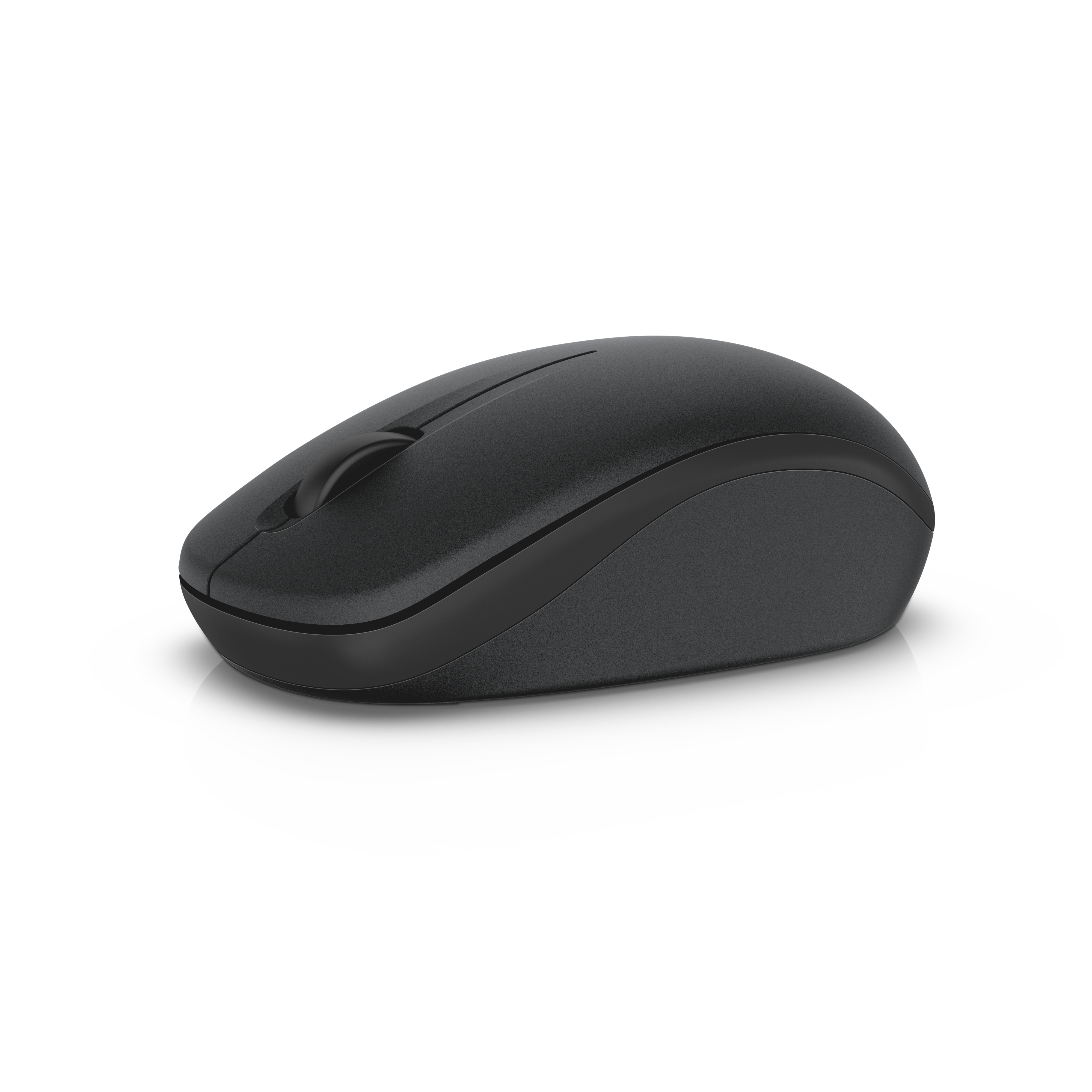Eine schwarze Computermaus auf weißem Untergrund. Sie hat ein Scrollrad und zwei Tasten. Der Hintergrund ist weiß.