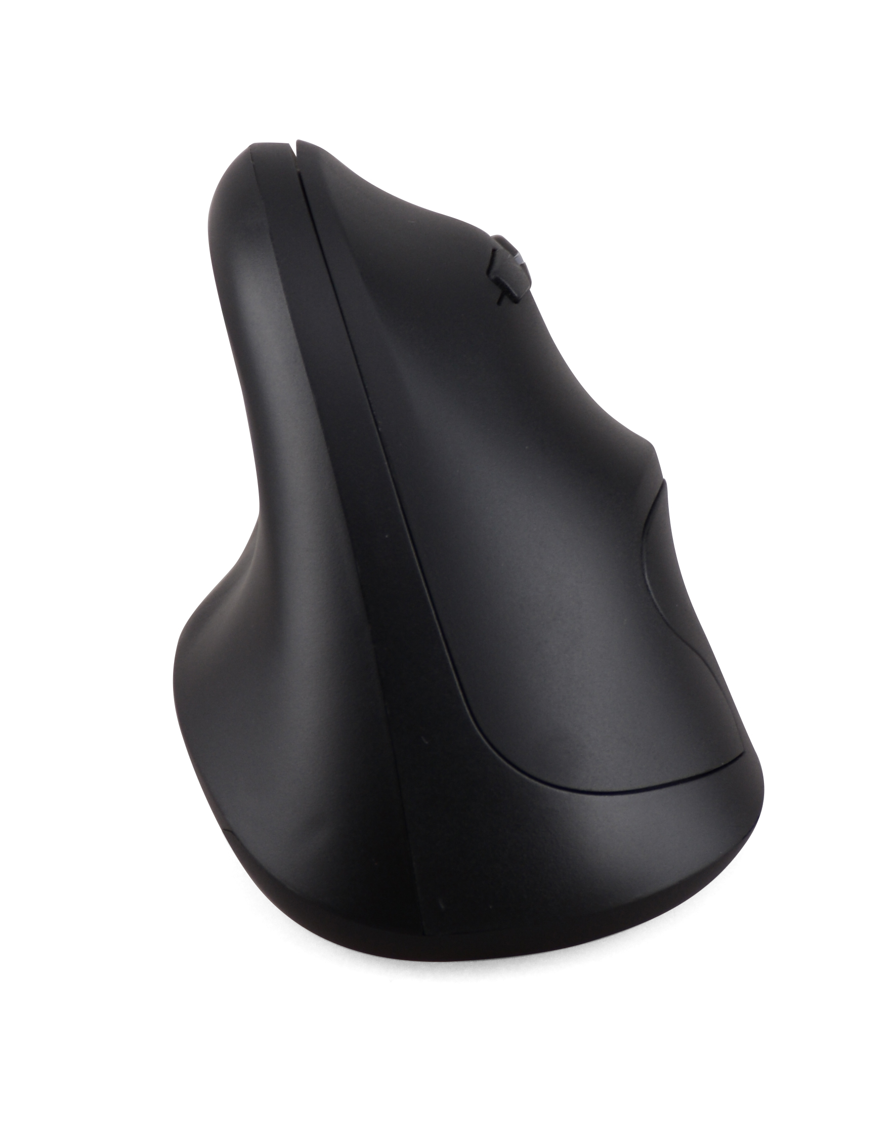 Schwarze ergonomische vertikale Maus auf weißem Hintergrund.