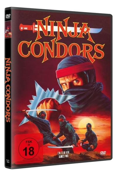 DVD-Cover für 'Ninja Condors' mit Ninja-Illustration und FSK 18-Rating. Roter Hintergrund.