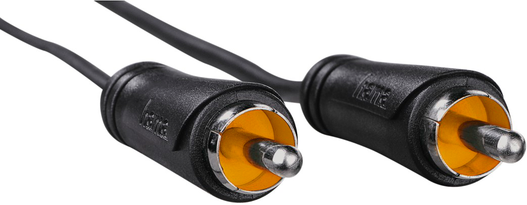 Câble RCA noir avec connecteurs dorés. Le câble est sur fond blanc.