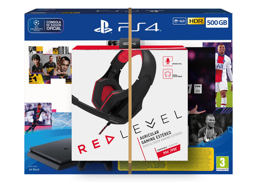 Consola - Sony PS4 500 GB, Negro + FIFA 21, Auriculares Gaming Red Level Gaming Estéreo