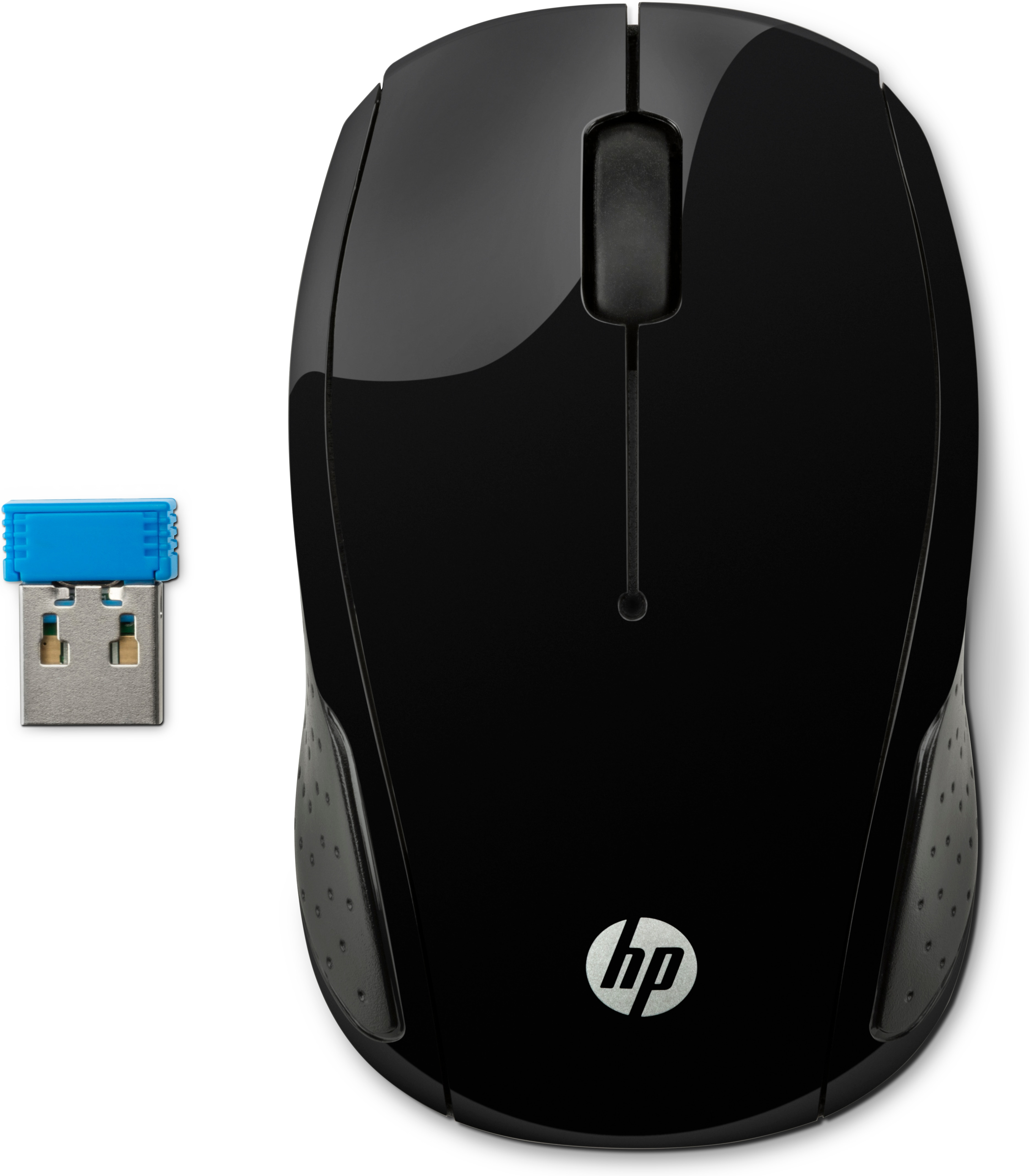 Black wireless mouse with a blue USB receiver next to it. HP logo is on the mouse.
