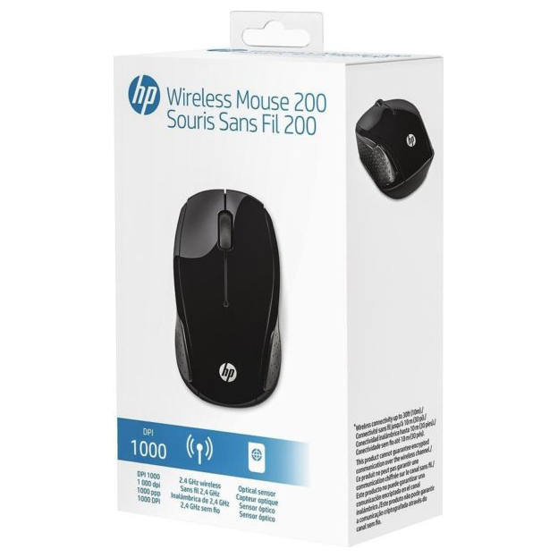 Box of a black wireless mouse. The mouse is visible, with the HP logo.