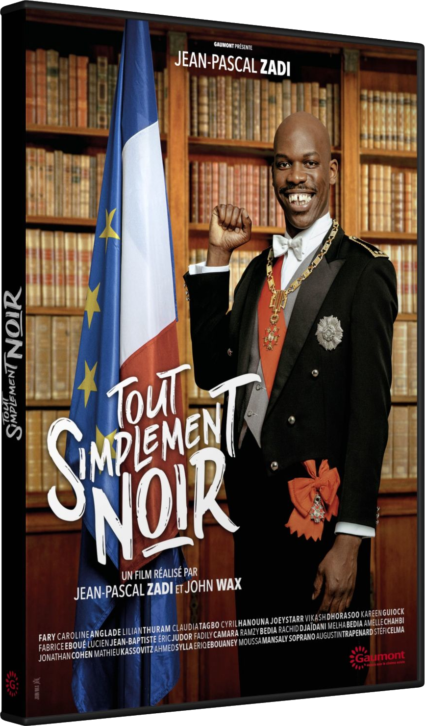 Affiche de film : Un homme en costume avec le drapeau français. Titre "Tout Simplement Noir". Fond d'étagères.
