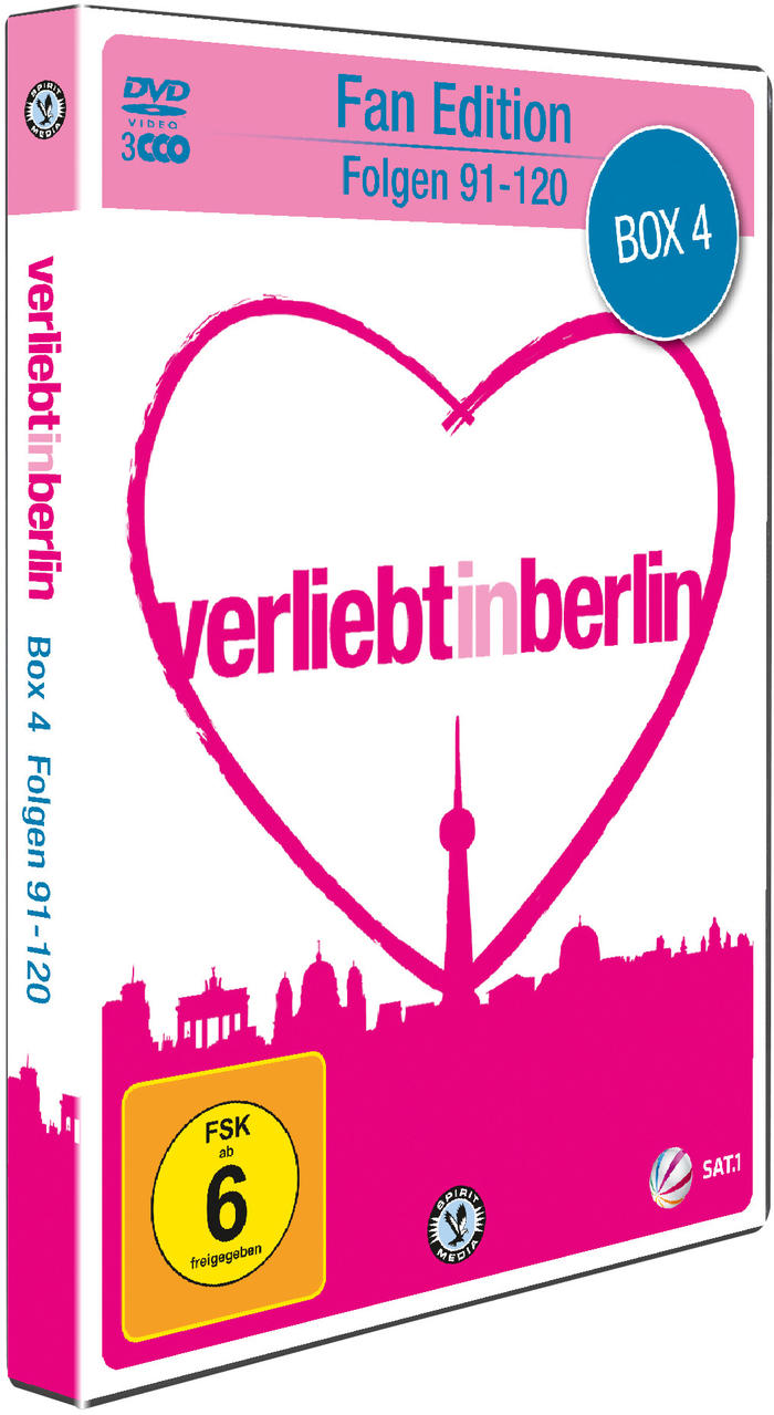 Eine DVD-Box, rosa und weiß, mit dem Titel 'Verliebt in Berlin', mit einer Herzgrafik.