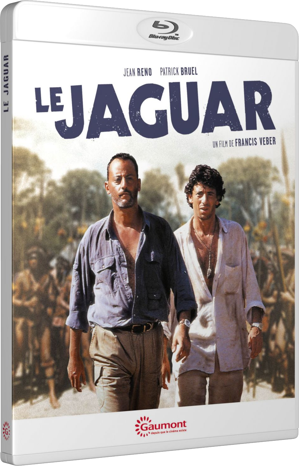 Pochette de DVD d'un film. Deux hommes marchent dans une jungle. Le titre est "Le Jaguar".