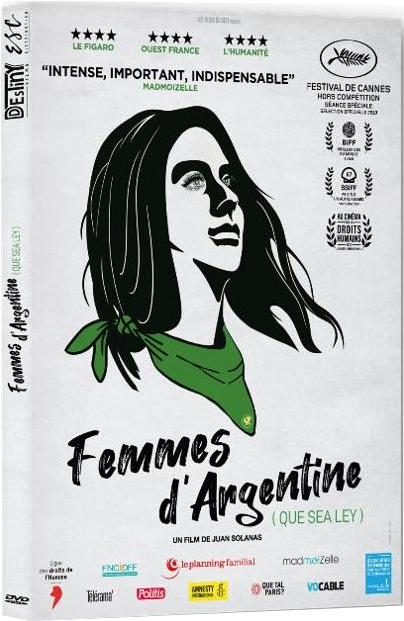 DVD-hoes voor 'Femmes d'Argentine'. Afbeelding van een vrouwengezicht, groene sjaal en tekst.