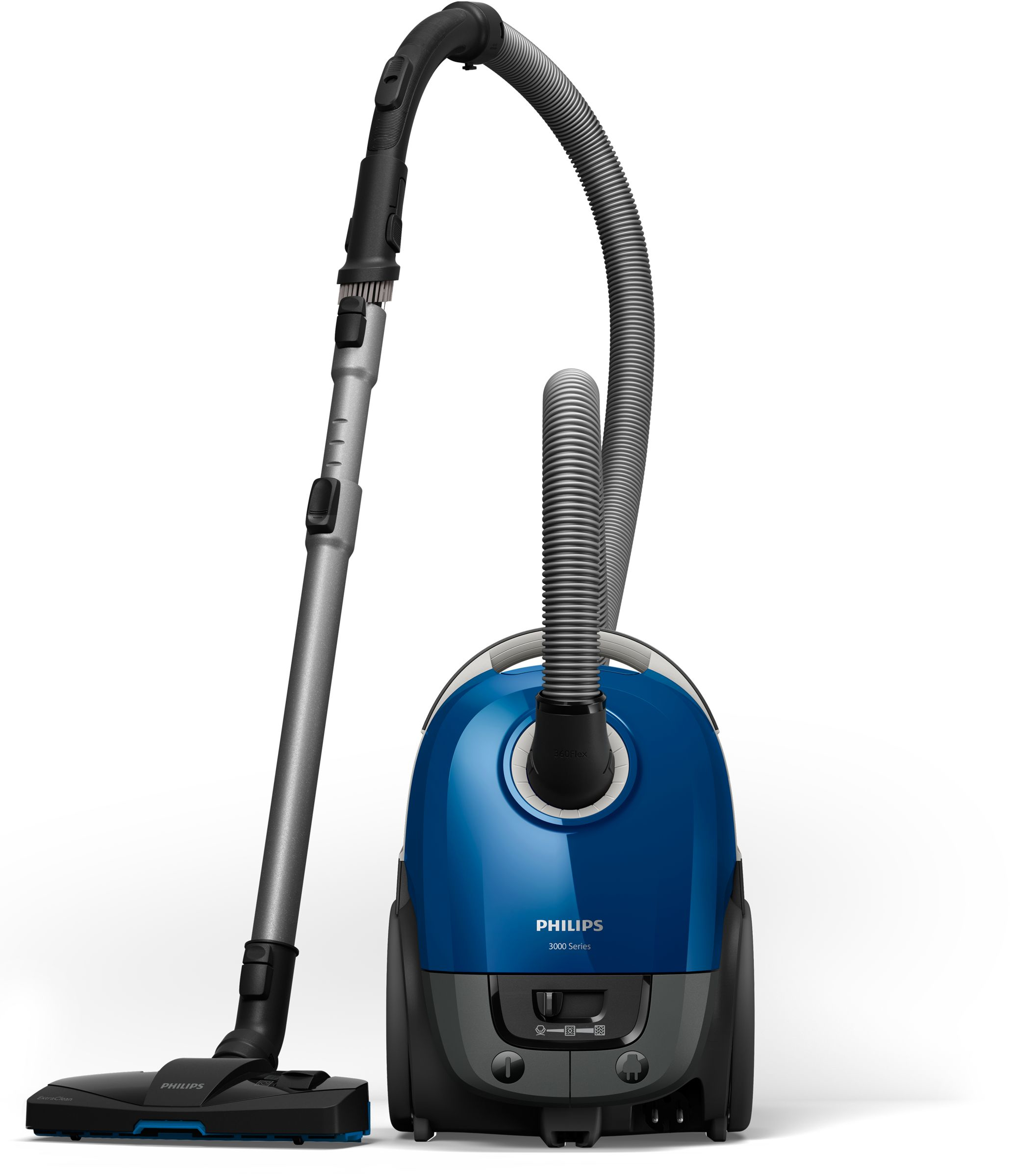 Un aspirateur Philips bleu. Il a un tuyau et un accessoire brosse. Sur un fond blanc.