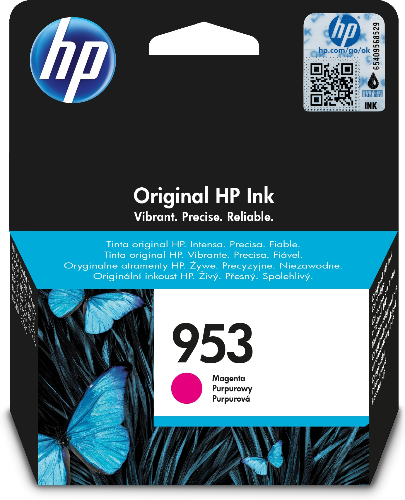 HP Tintenpatronenbox mit Schmetterlingsbild. Text: Original HP Ink. Magenta Farbe. HP-Logo oben.
