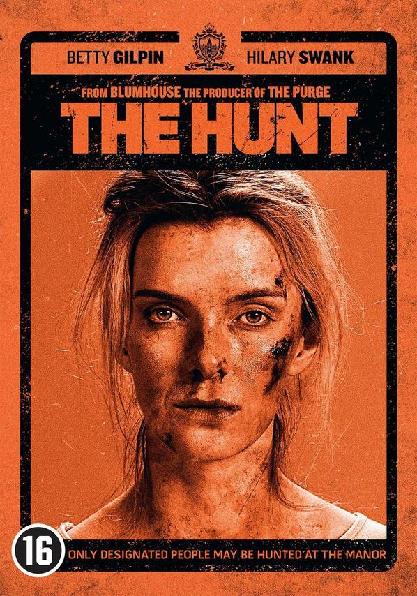 Couverture du film 'The Hunt'. Présente le visage d'une femme avec du sang sur le visage.