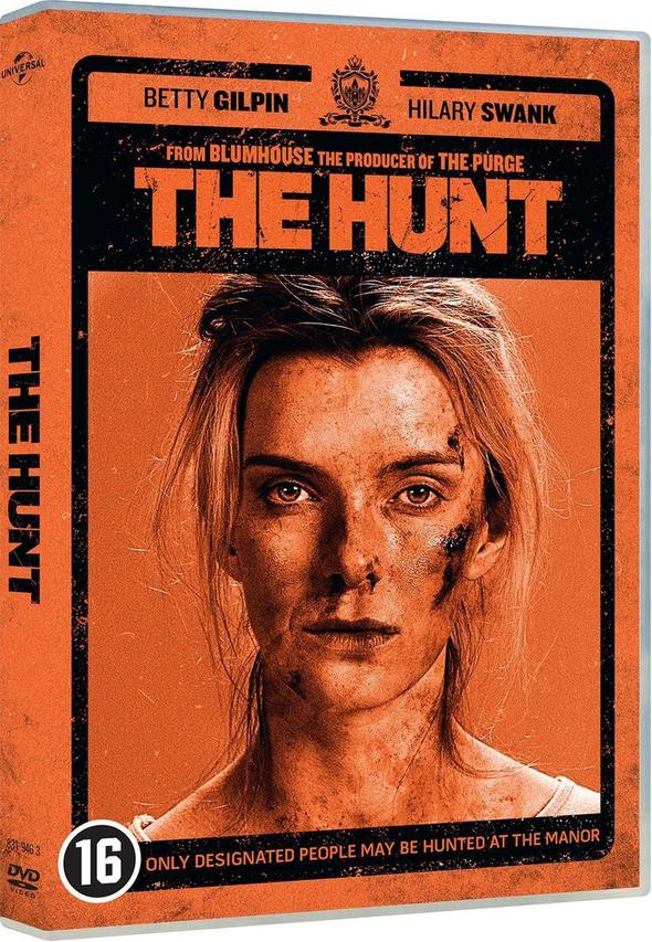 Couverture du film The Hunt. Une femme avec du sang sur le visage regarde le spectateur.
