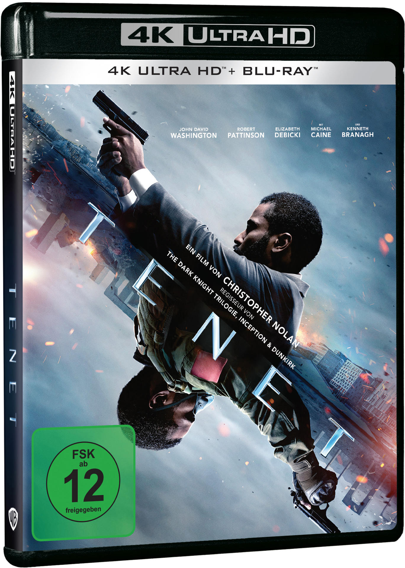 Tenet Blu-ray-Hülle. Zwei Männer mit Waffen auf dem Cover. Schwarze Hülle mit Filmtitel und Bewertung.