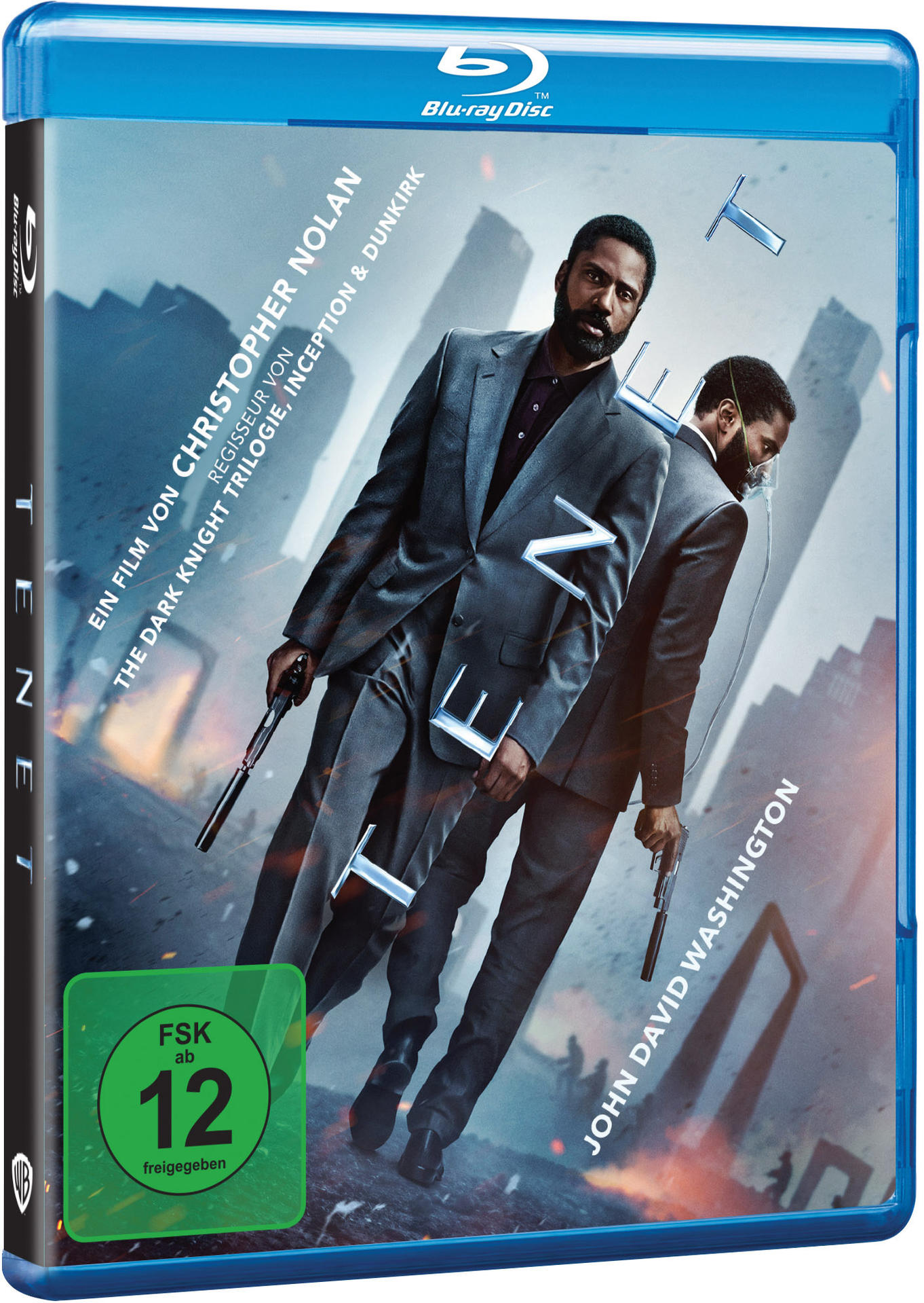 Tenet Blu-ray Disc Hülle mit Schauspielern, Waffen und einem blauen Gehäuse. Text in mehreren Sprachen.