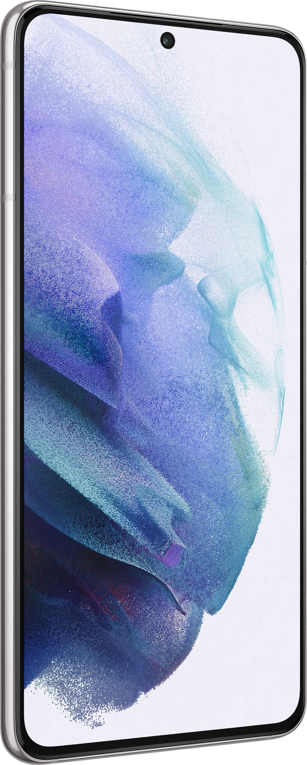 Ein silbernes Smartphone mit Seitenansicht, das ein Display mit abstrakten blauen und weißen Kunstwerken zeigt.