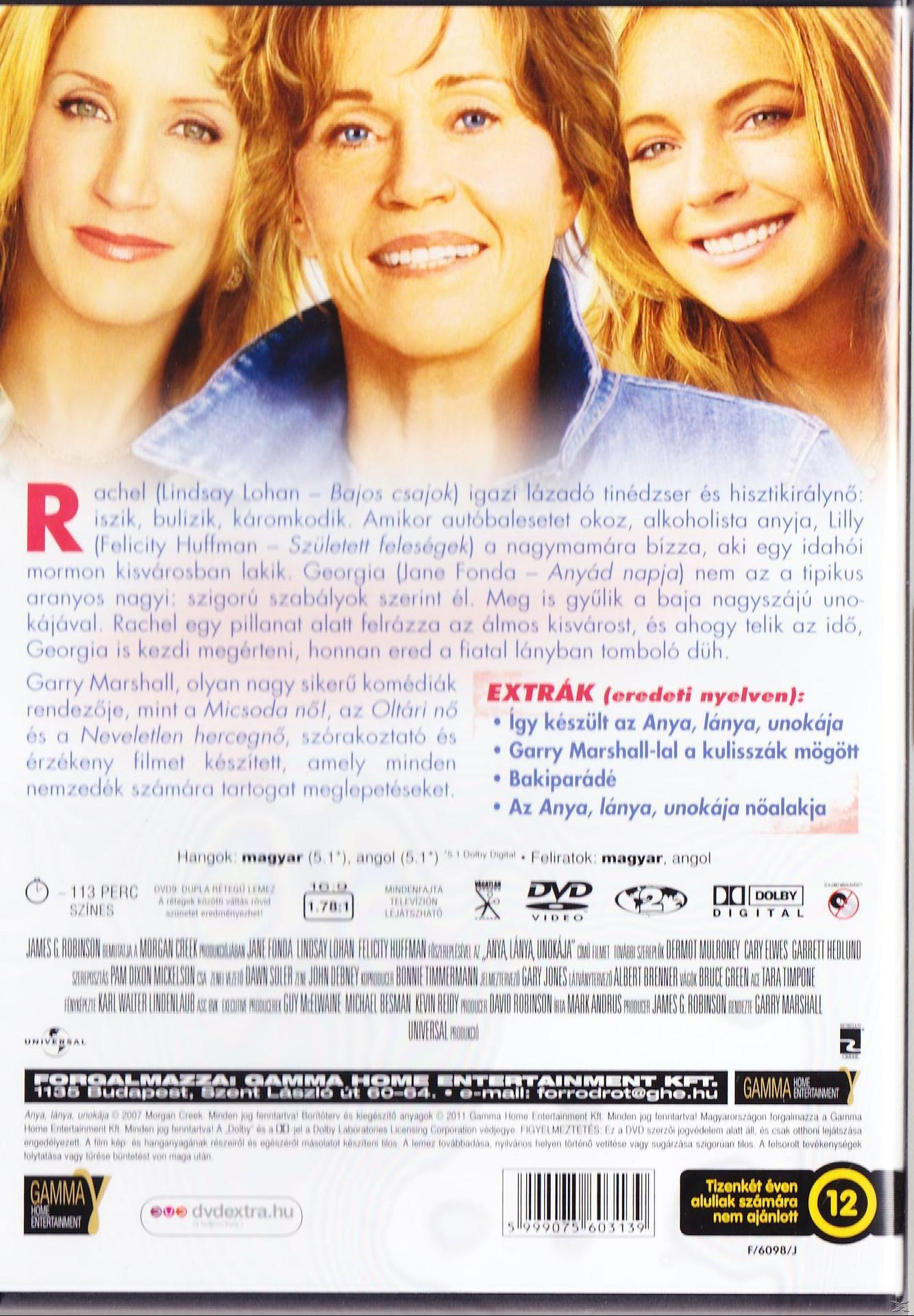 DVD borító: Három nő, szöveg magyarul. Cím: Anya, Anyóka, Unoka. DVD extrák listázva.