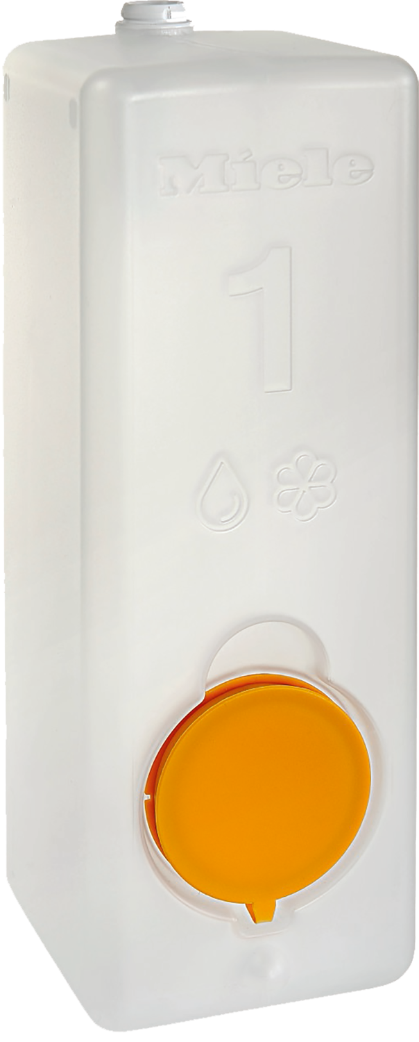 Witte Miele reinigingsmiddelcontainer met oranje deksel en labeldetails.