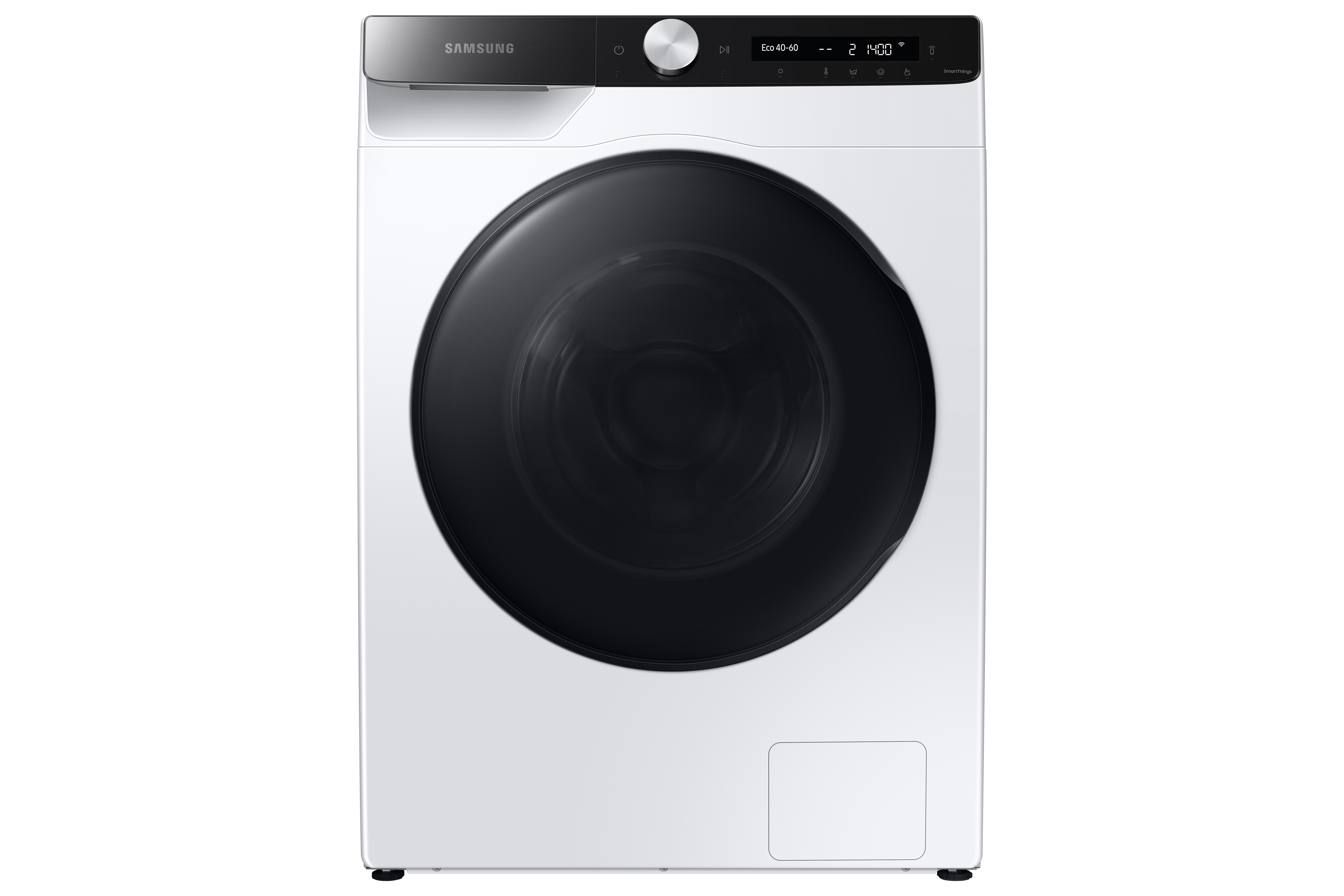 Weiße Samsung Waschmaschine mit schwarzer Tür und oberem Bedienfeld. Der Hintergrund ist weiß.