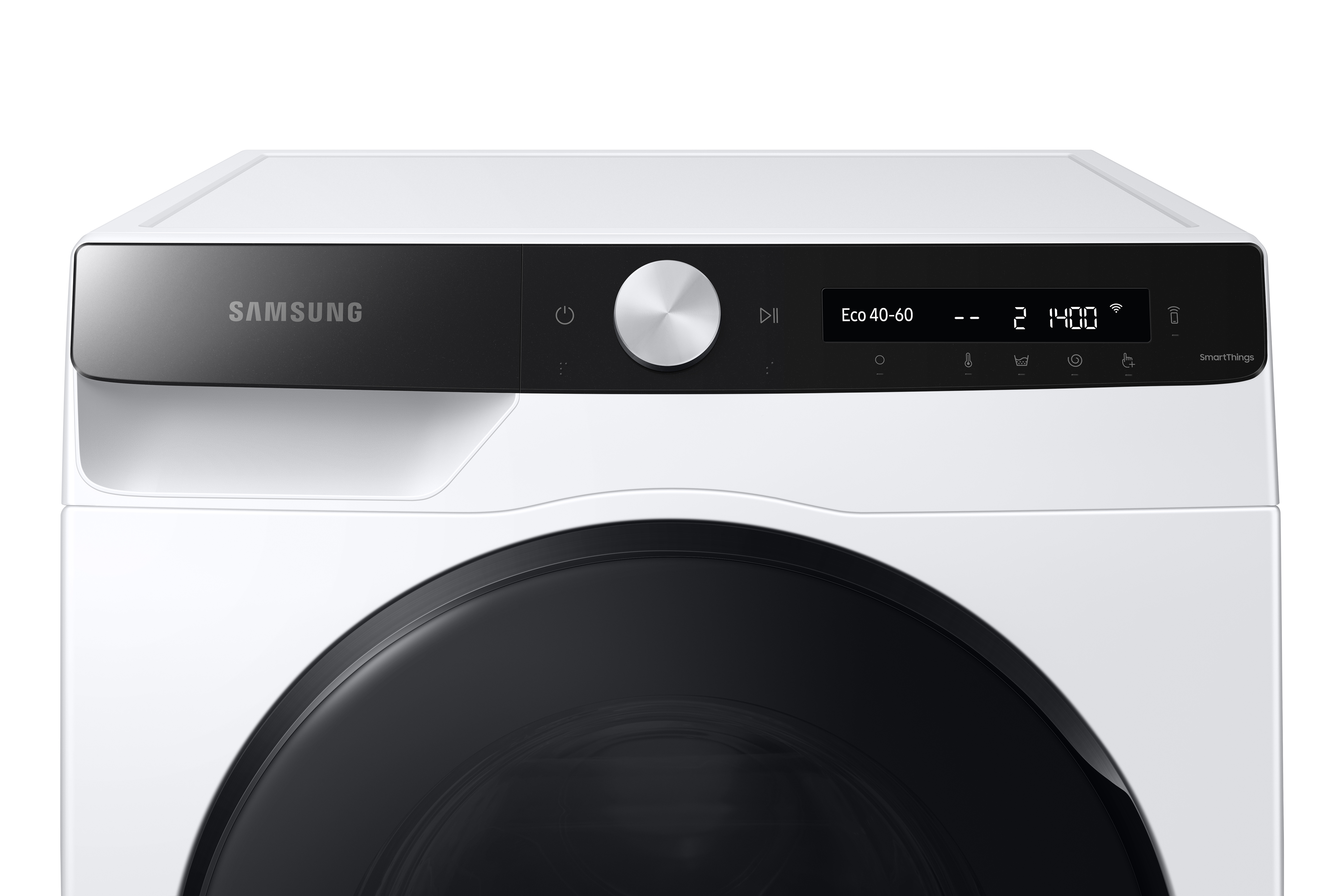 Draufsicht auf das Bedienfeld einer weißen Samsung Waschmaschine, schwarz mit Digitalanzeige.
