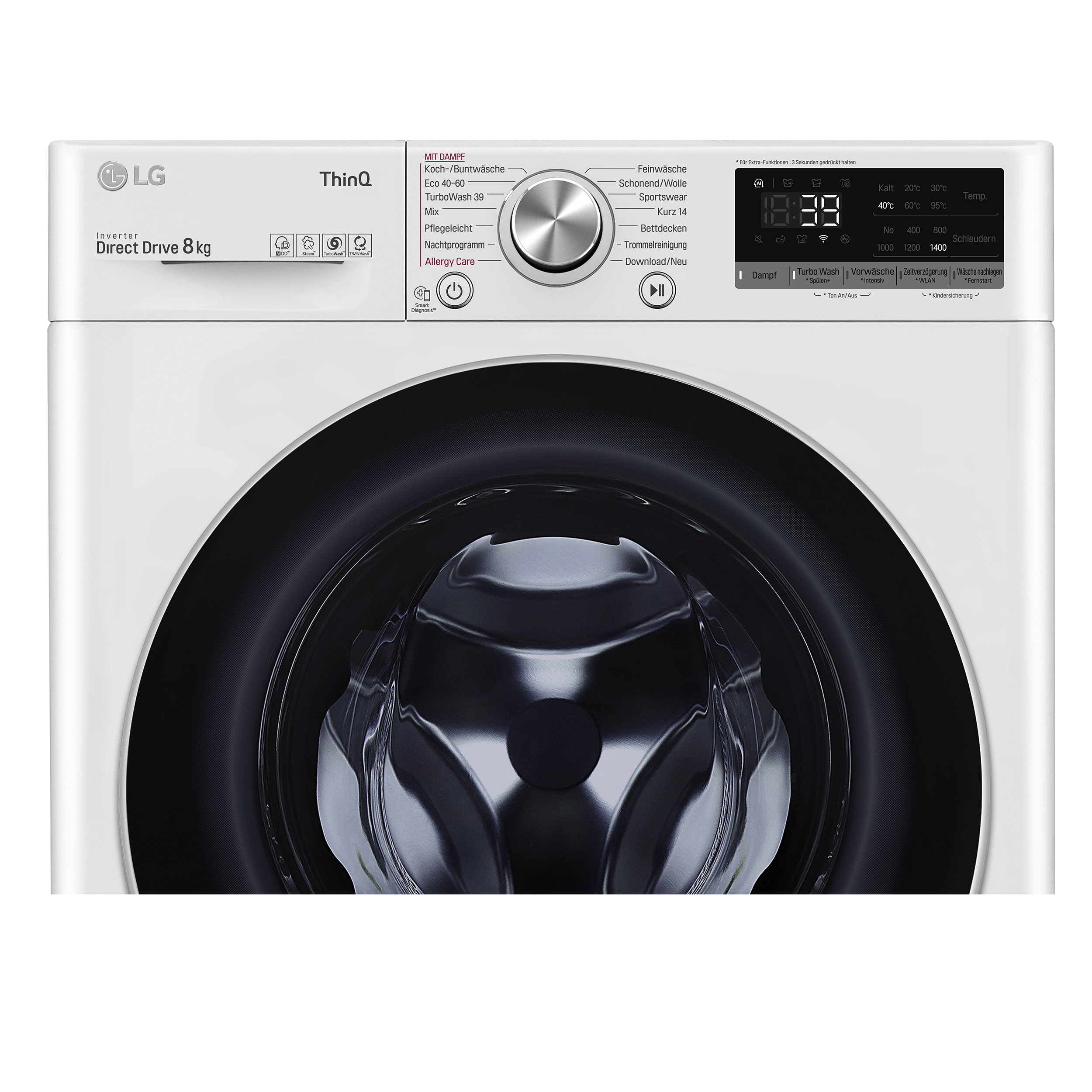 Weiße LG Waschmaschine mit Digitalanzeige und Bedienfeld. Die Tür ist geschlossen.