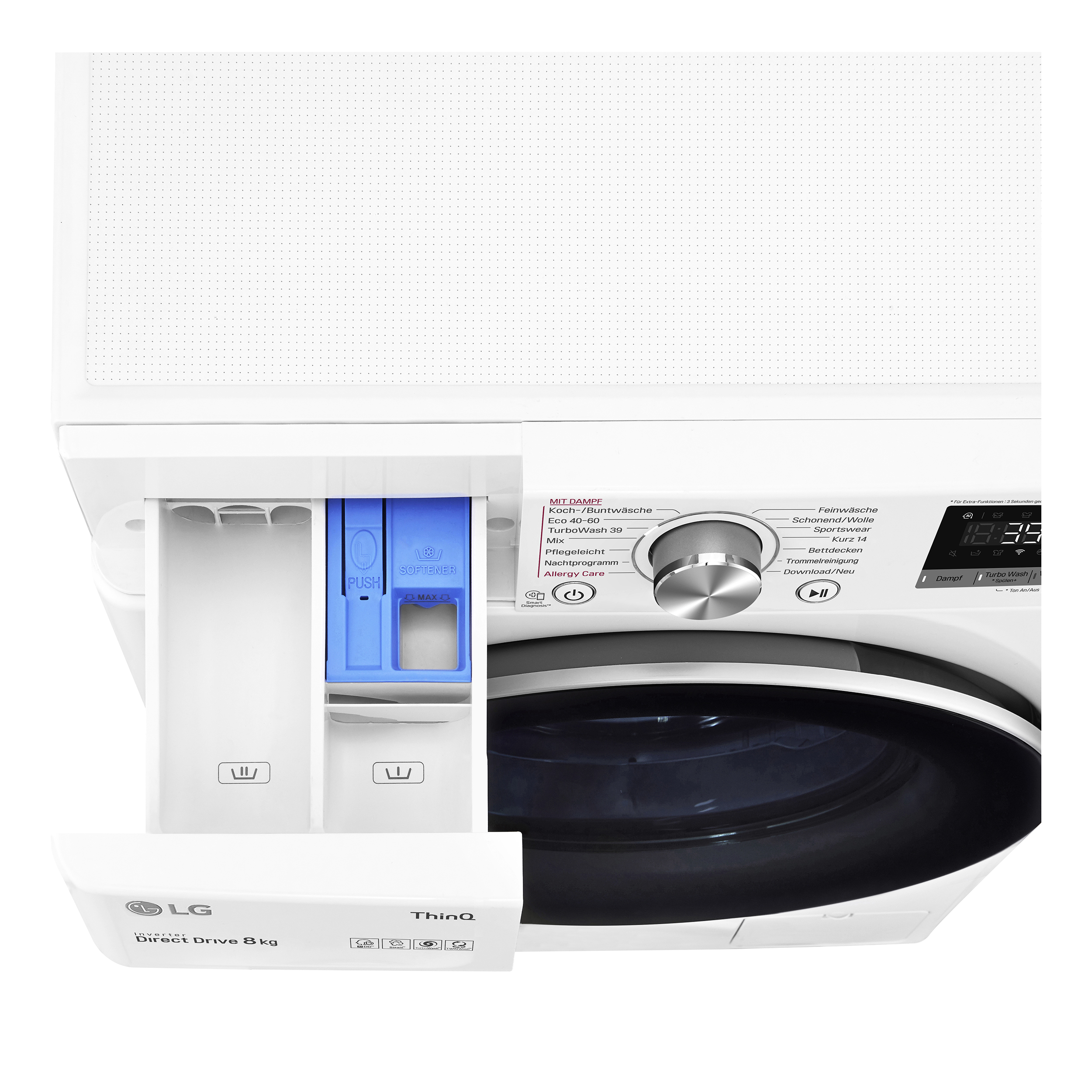 Eine weiße LG-Waschmaschine mit teilgeöffnetem Waschmittelbehälter, der blaue Fächer zeigt.