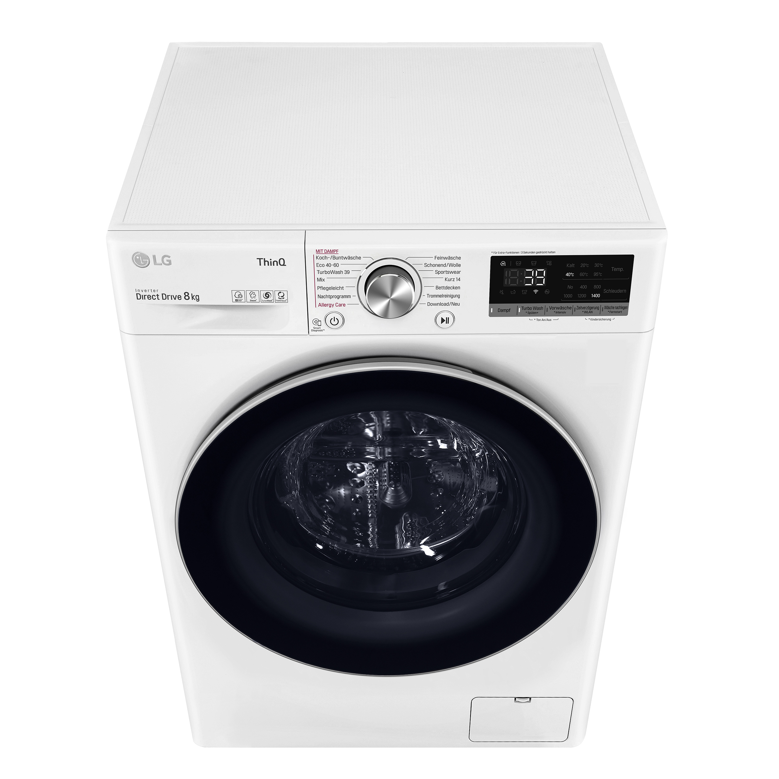 LG Waschmaschine, Draufsicht. Weiße Maschine mit runder Tür und Bedienfeld.