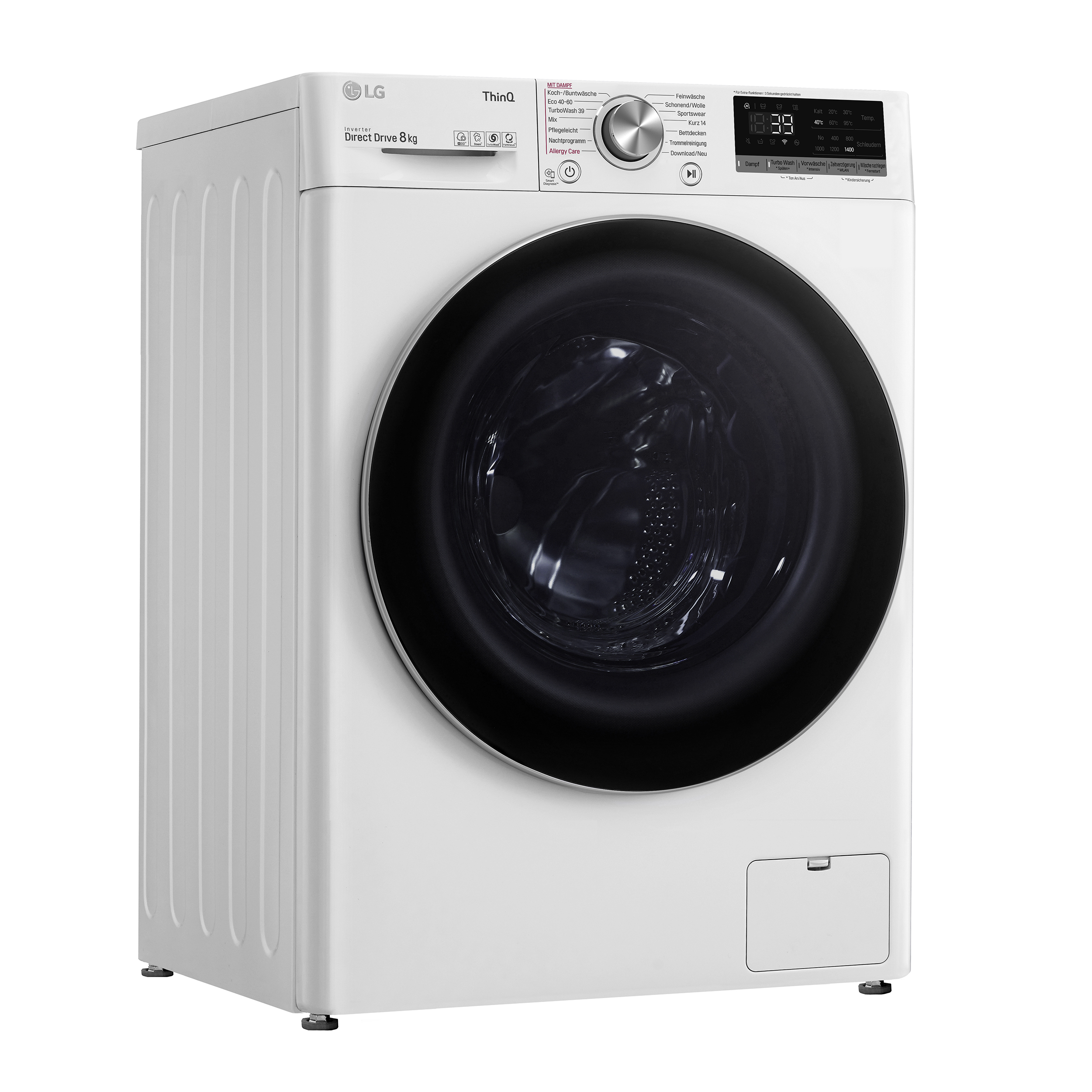 Weiße LG Waschmaschine, Vorderansicht, mit schwarzer Tür und Digitalanzeige, auf weißem Hintergrund.