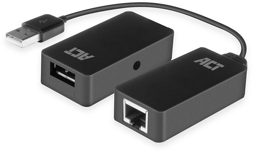 Egy fekete USB-Ethernet adapterkábel, két csatlakoztatott alkatrésszel.