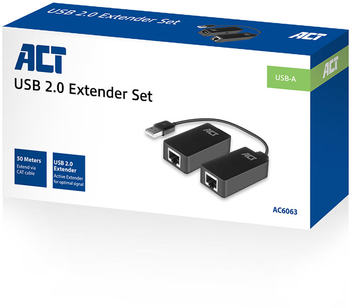 Dobozolt ACT USB 2.0 hosszabbító készlet csatlakozókkal, kábelekkel és szöveggel fehér háttéren.
