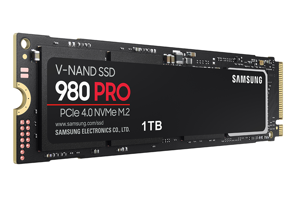 Een zwarte en rode SSD-schijf met 'V-NAND SSD 980 PRO' en '1TB' op het label.