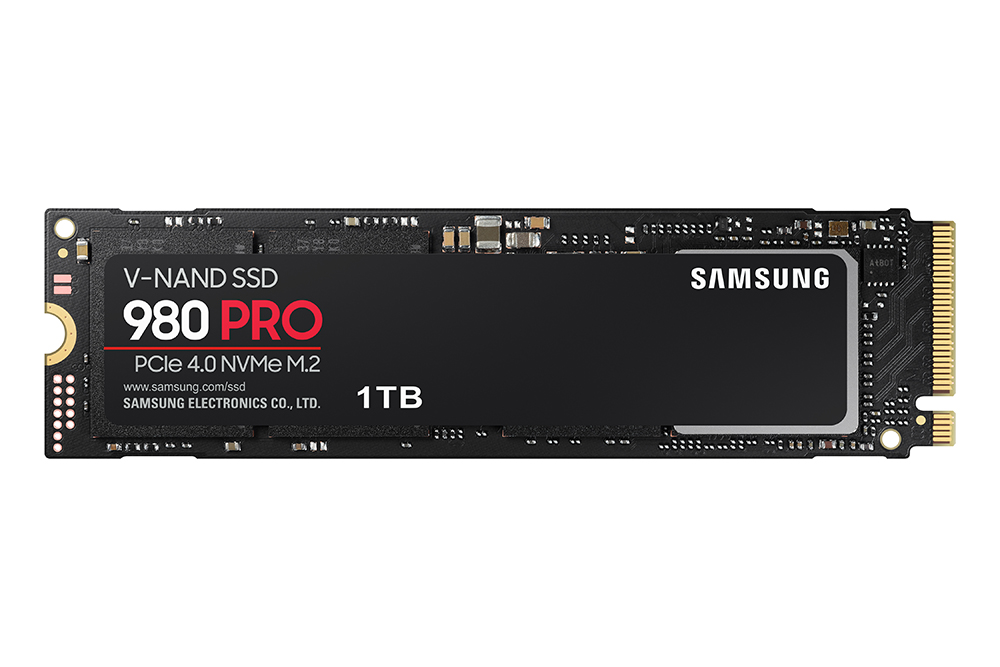 Zwarte 1TB SSD-schijf, met het Samsung-logo en het '980 PRO'-model.