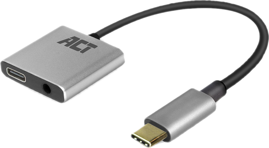 Egy ezüst USB-C - 3,5 mm-es audió adapter. Rajta az ACT logója, és egy USB-C dugó található.