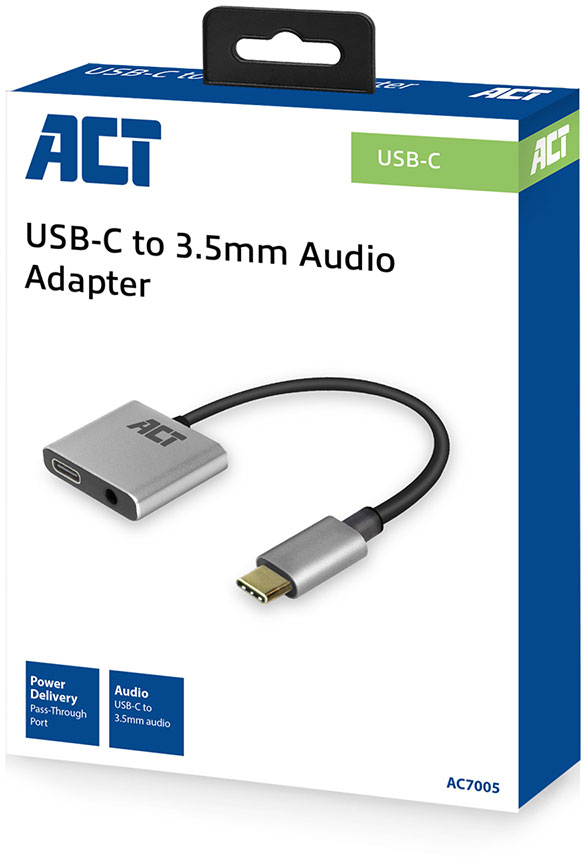 USB-C-3,5 mm-es audioadapterrel ellátott doboz. Ezüst adapter fekete kábellel. Fehér doboz kék ACT logóval.