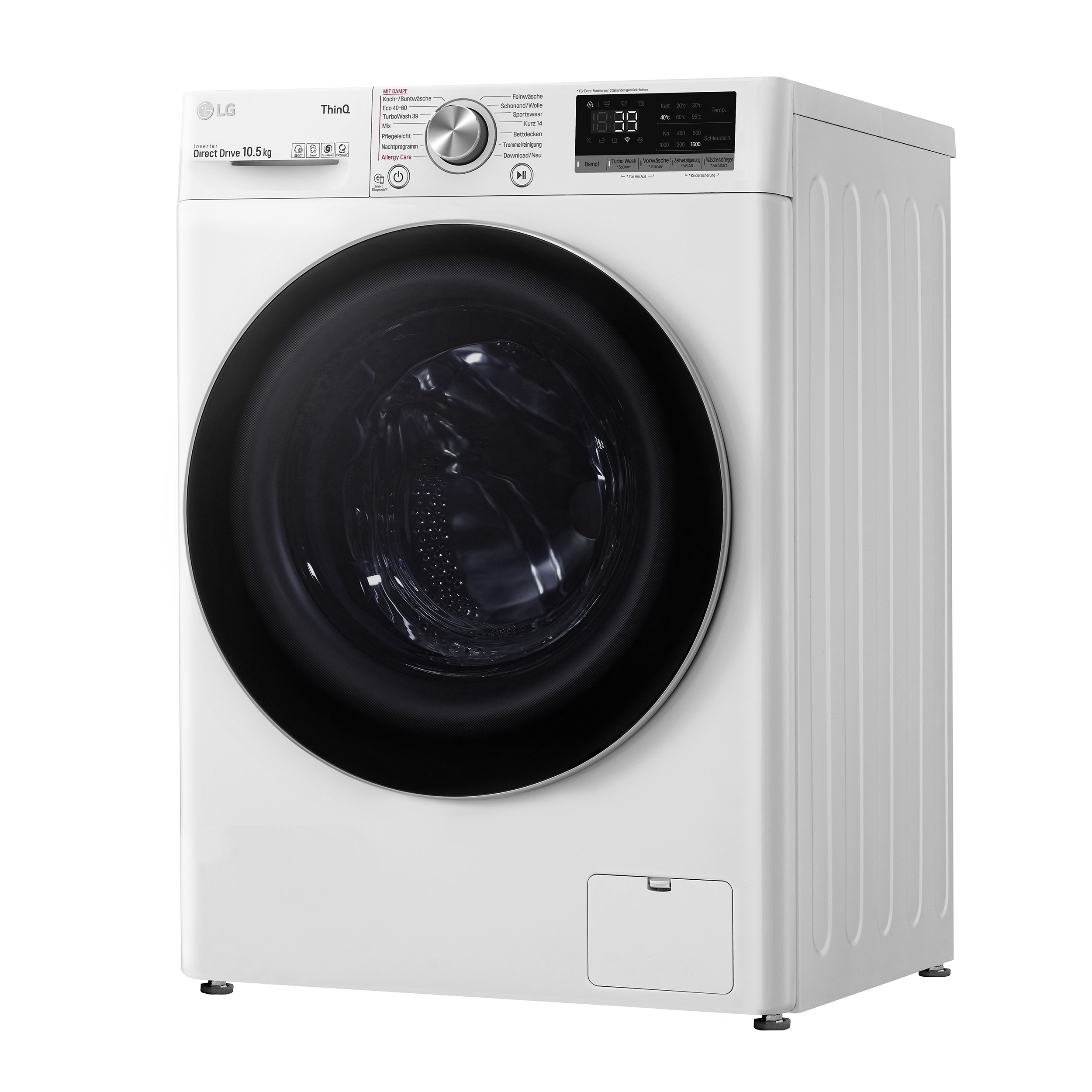Weiße LG Waschmaschine, Vorderansicht. Sie hat eine schwarze Tür und ein Bedienfeld. Der Hintergrund ist weiß.