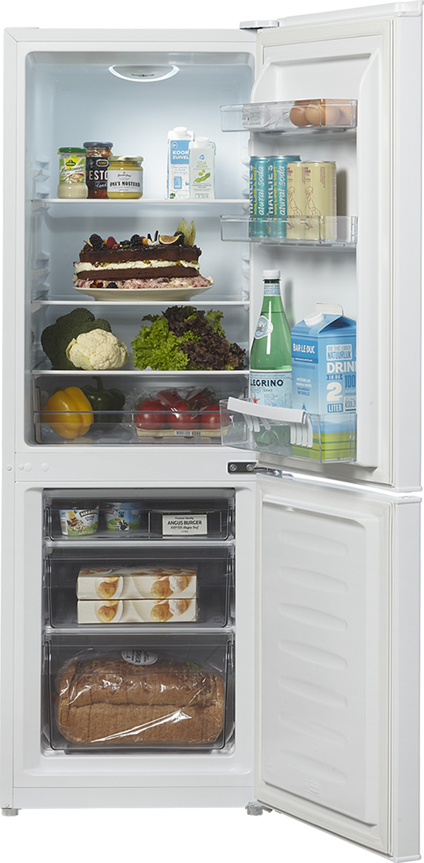 Open refrigerator with food items: cake, vegetables, drinks and eggs. It is a white refrigerator.