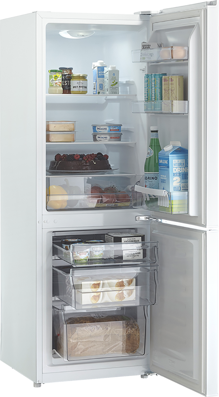 White refrigerator with open doors showing shelves of food and drinks.
