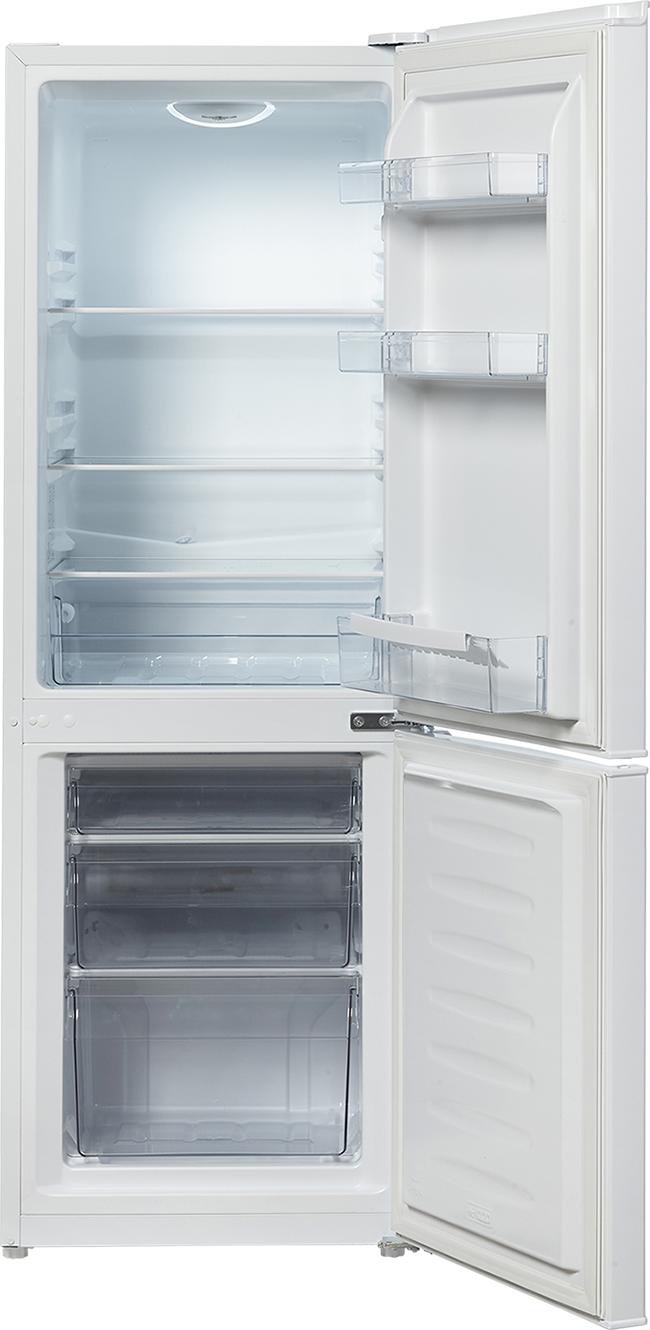 A white refrigerator with the door open, showing shelves and drawers.