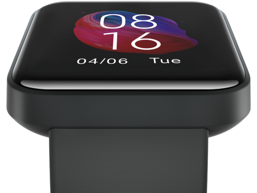 Pantalla de reloj inteligente que muestra la hora, la fecha y el día. Correa negra.