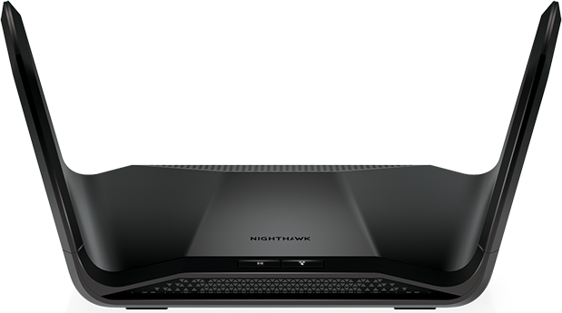 Schwarzer Nighthawk Router mit Antennen, Draufsicht. Grauer Hintergrund, modernes Design.