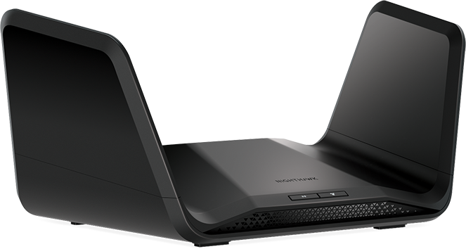 Schwarzer Router mit zwei angewinkelten Antennen. Der Markenname NIGHTHAWK ist sichtbar. Weißer Hintergrund.