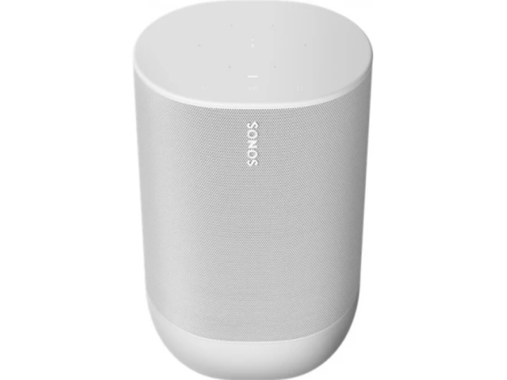 Un altavoz Sonos blanco sobre un fondo negro. El altavoz es cilíndrico y tiene una cubierta de malla.