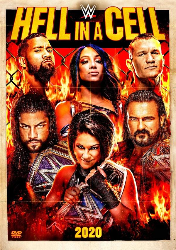 WWE Hell in a Cell Poster. Wrestler vor Feuer. Roman Reigns, Bayley und andere sind abgebildet.