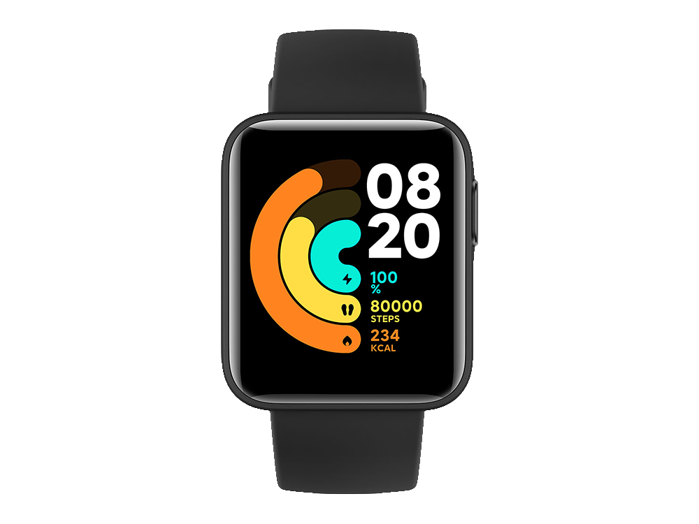Un reloj inteligente negro que muestra la hora y las estadísticas de actividad en una pantalla cuadrada, correa negra.