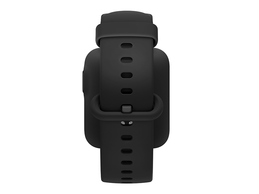 Reloj rastreador de fitness negro con una correa negra, visto desde atrás, sobre un fondo blanco.