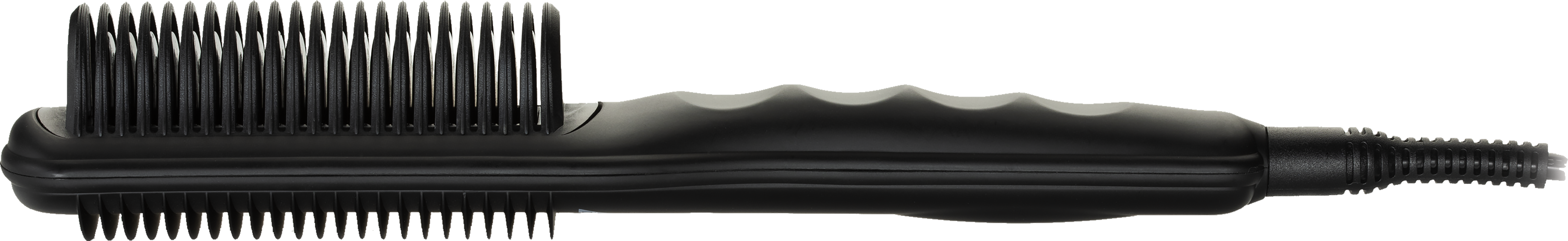 Black hair straightener with multiple teeth, close up.