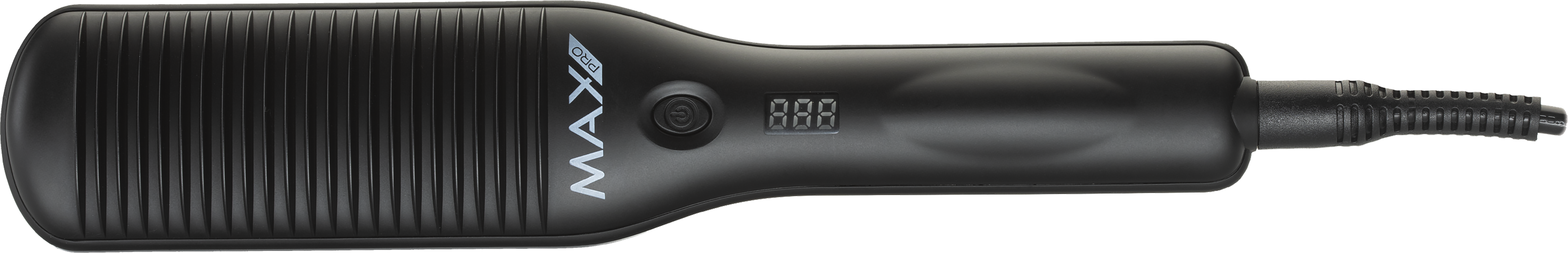 Black hair straightener, showing the heating plate and digital display.
