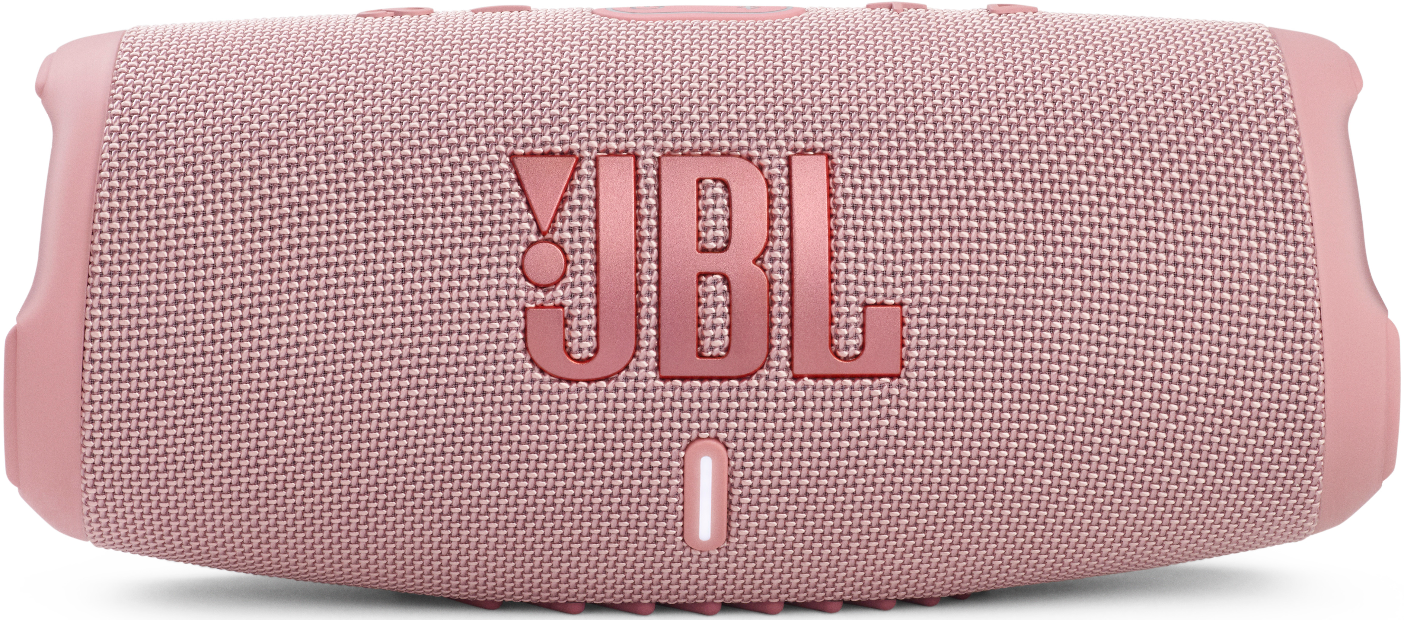 Rosafarbener JBL-Lautsprecher mit Markenname in der Mitte.