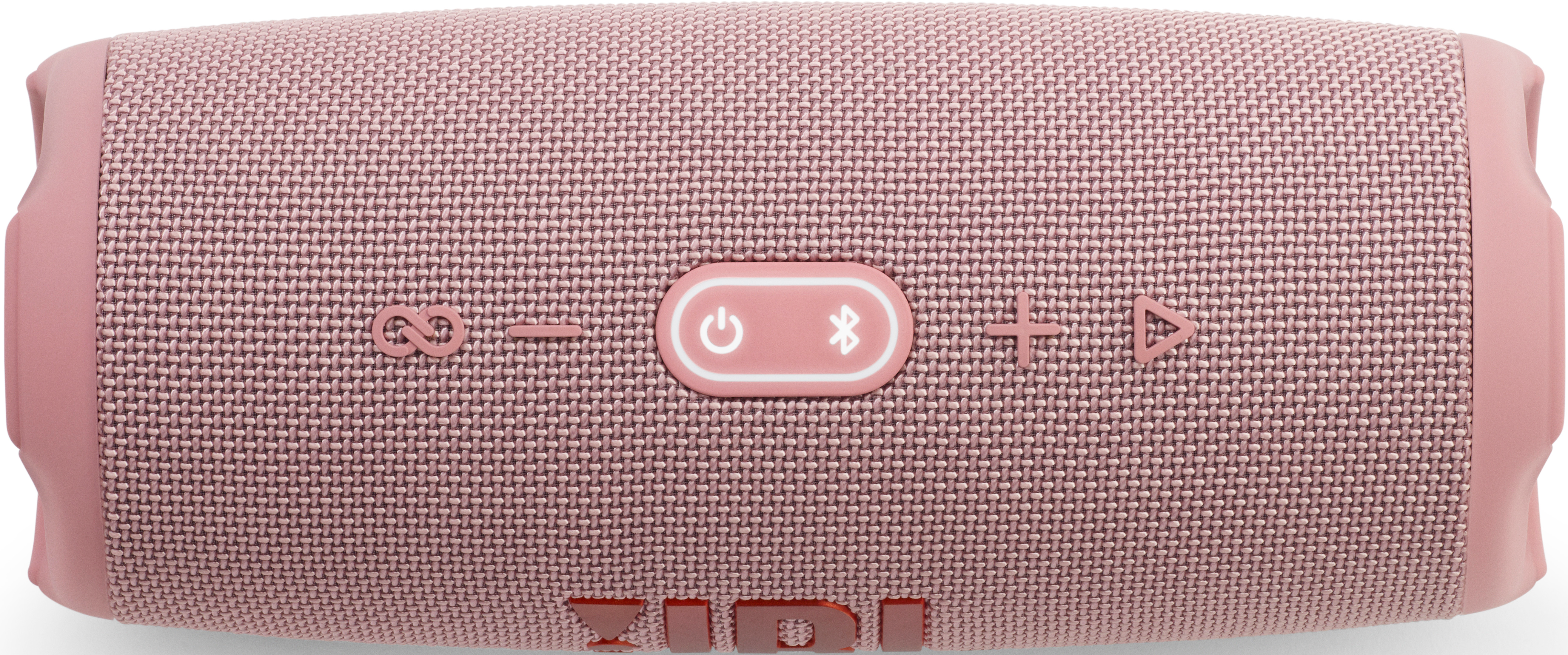 Rosa JBL-Lautsprecher mit Ein-, Bluetooth- und Lautstärketasten. Der Lautsprecher befindet sich auf weißem Grund.